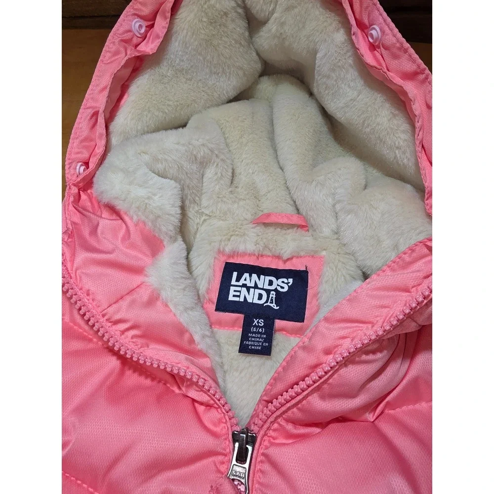 Lands End Girls Pink Puffer Jacket Faux Fur Lined Hooded Coat XS 5-6 LK340W404
